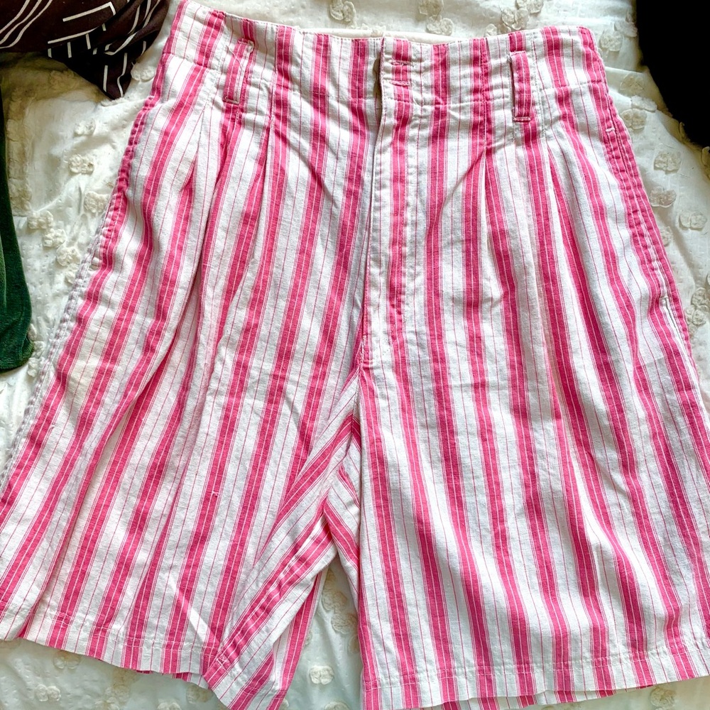 Pink and white pinstripe high waisted shorts